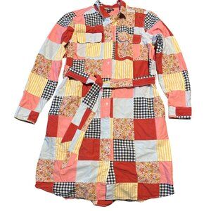 Lands End Patchwork Quilted Shirt Dress With Belt 100% Cotton Multicolor Size L